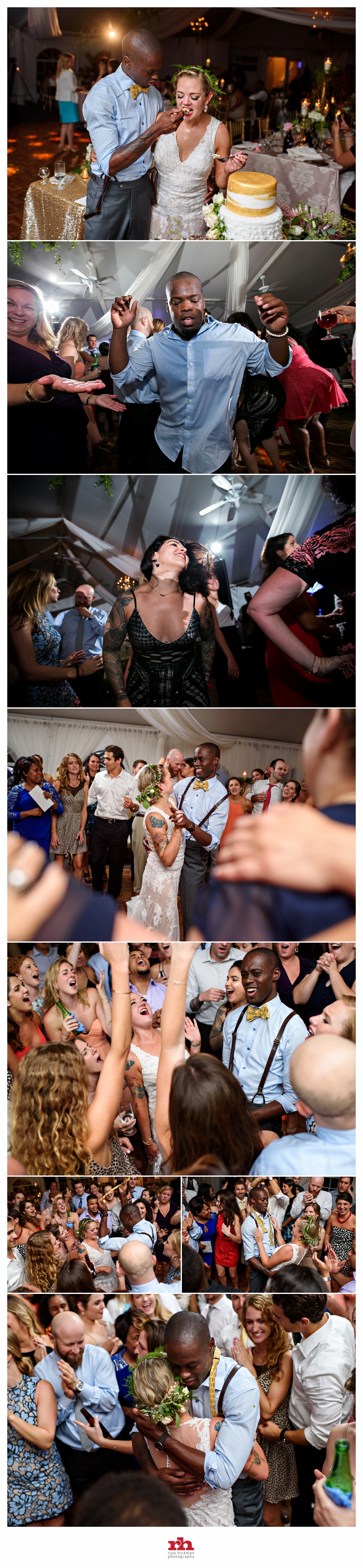 A wedding couple is surrounded by guests on the dance floor of their wedding reception at the elkridge furnace inn outside of baltimore, md.